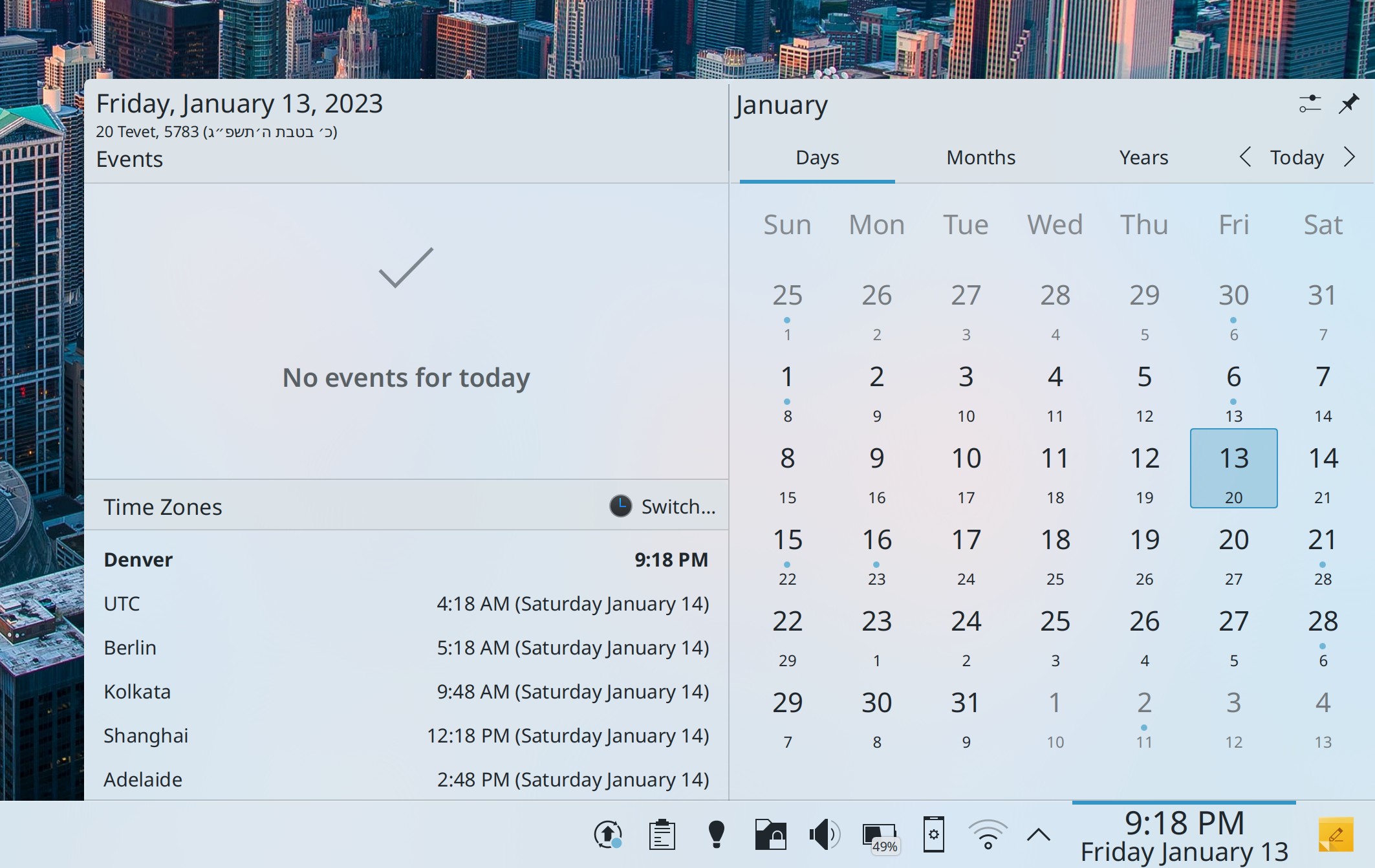 Plasma Digital Clock widget's popup showing time zones and Hebrew calendar