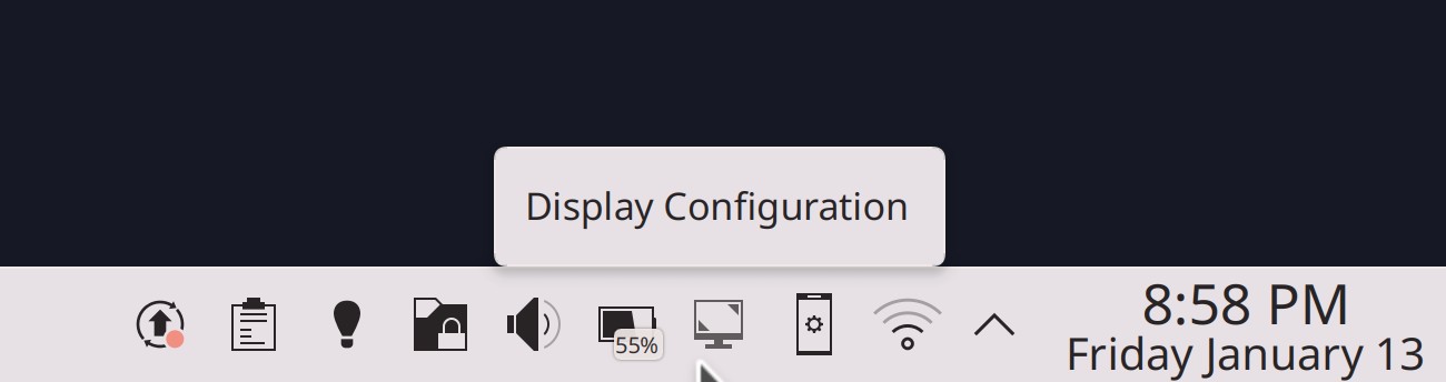 Plasma System Tray full of icons with the "Display Configuration" icon highlighted