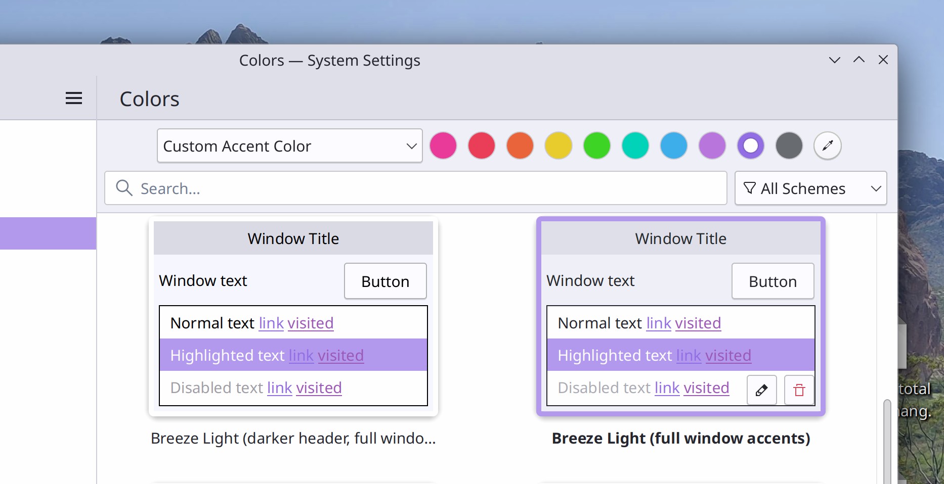 System Settings main window showing Colors page with accent color choosing user interface that fits entirely on one row, with a combobox on the left showing "Custom accent color" and a row of dots beside it, with a purple dot selected